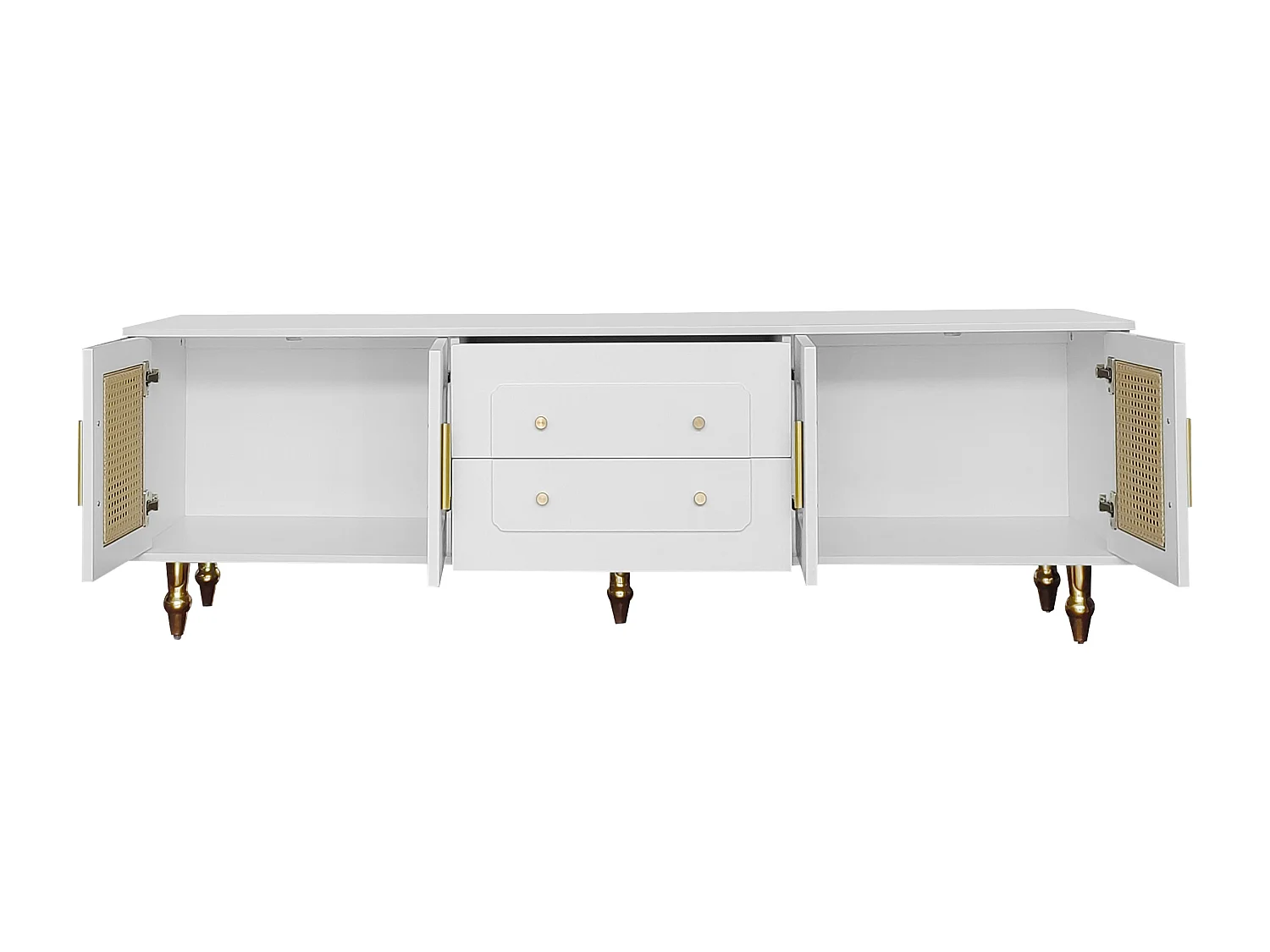 TV-meubel 175x38x55,5 cm met twee lades en een glazen deur in wit spaanplaatmateriaal voor de woonkamer