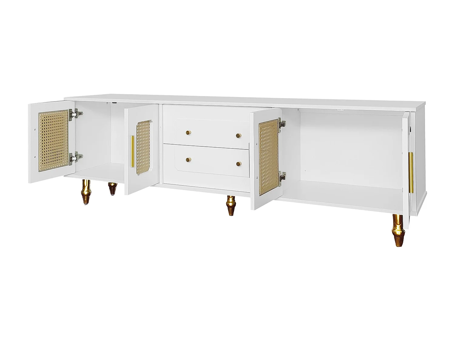 TV-meubel 175x38x55,5 cm met twee lades en een glazen deur in wit spaanplaatmateriaal voor de woonkamer