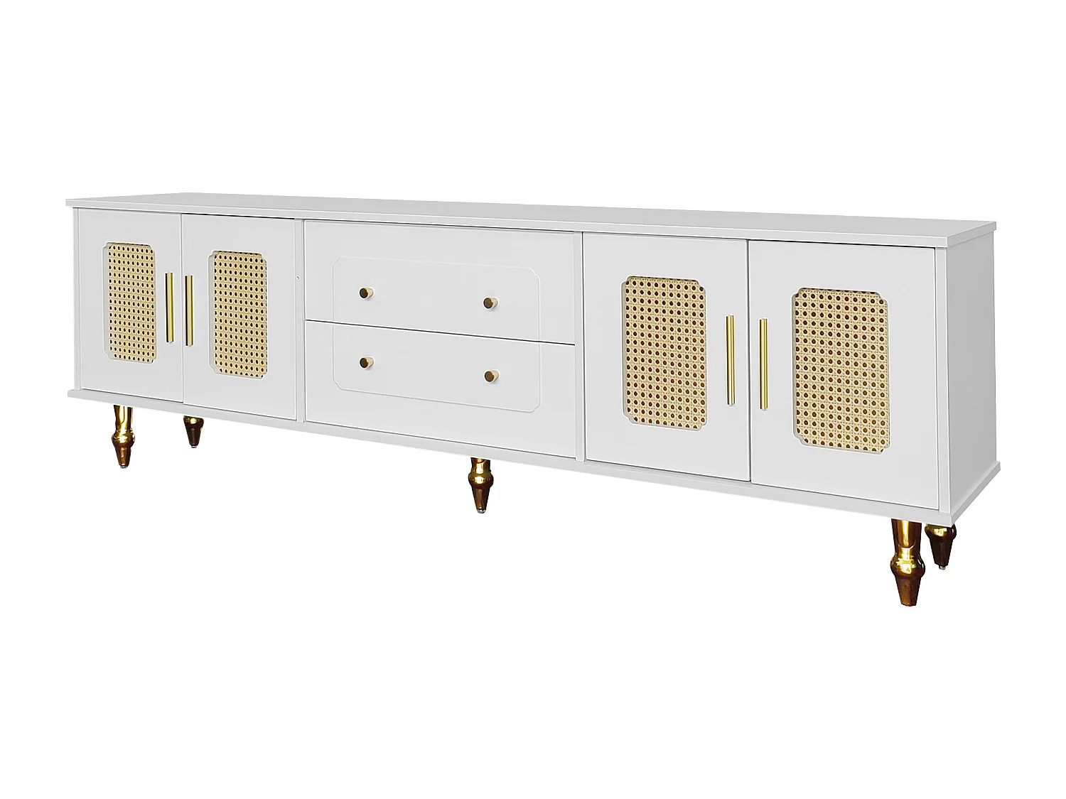 TV-meubel 175x38x55,5 cm met twee lades en een glazen deur in wit spaanplaatmateriaal voor de woonkamer