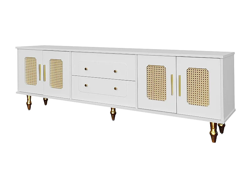 Meuble TV 175x38x55.5 cm, portes en rotin PVC, tiroirs push to open, panneau de particules, blanc