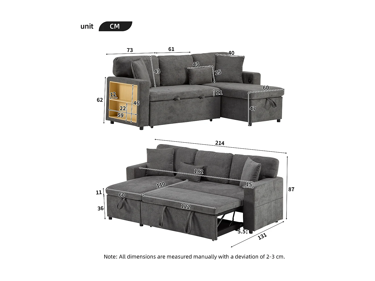 Canapé d’angle convertible 214x131x87 cm, USB intégré, rangements, roulettes, tissu Oxford gris foncé