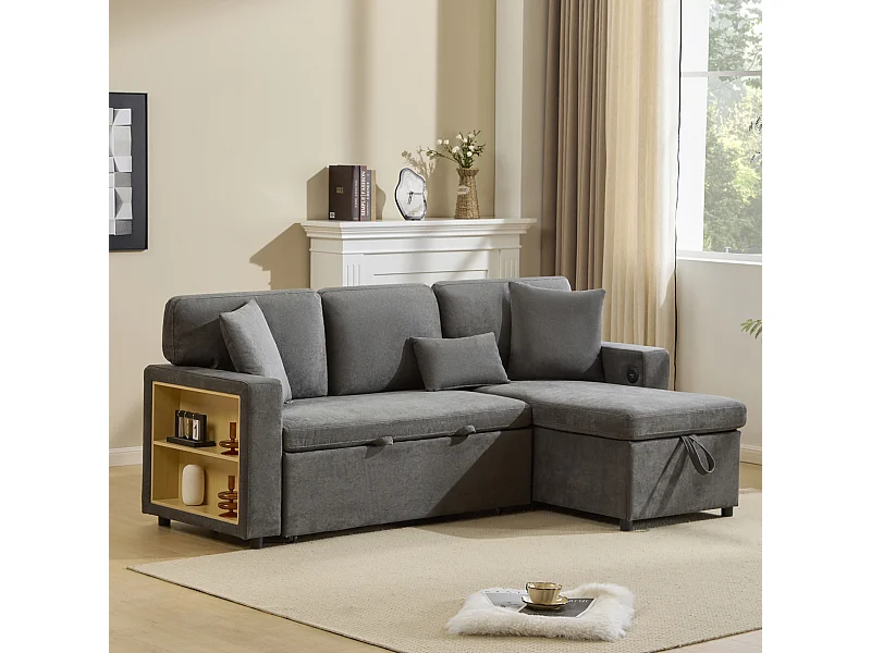 Canapé d'angle convertible lit intégré L-forme tiroir étagère Gris foncé pour salon