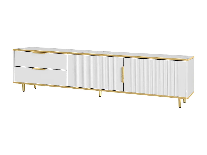 Meuble TV 175x40x45 cm, grand espace de rangement, portes sculptées, panneau de particules, blanc