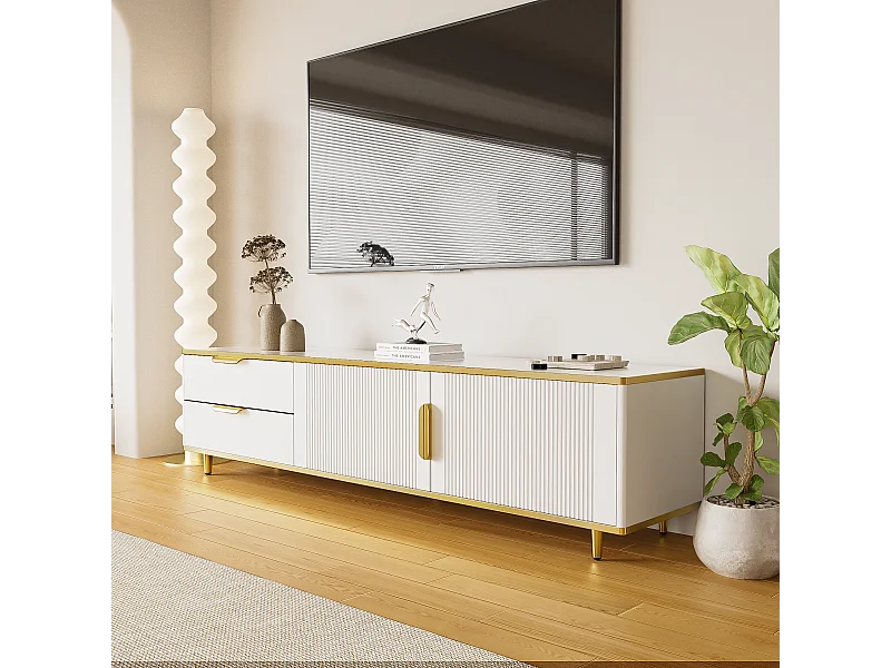 Meuble TV 175x40x45 cm avec tiroirs et armoires de rangement panneaux de particules blanc et or pour salon