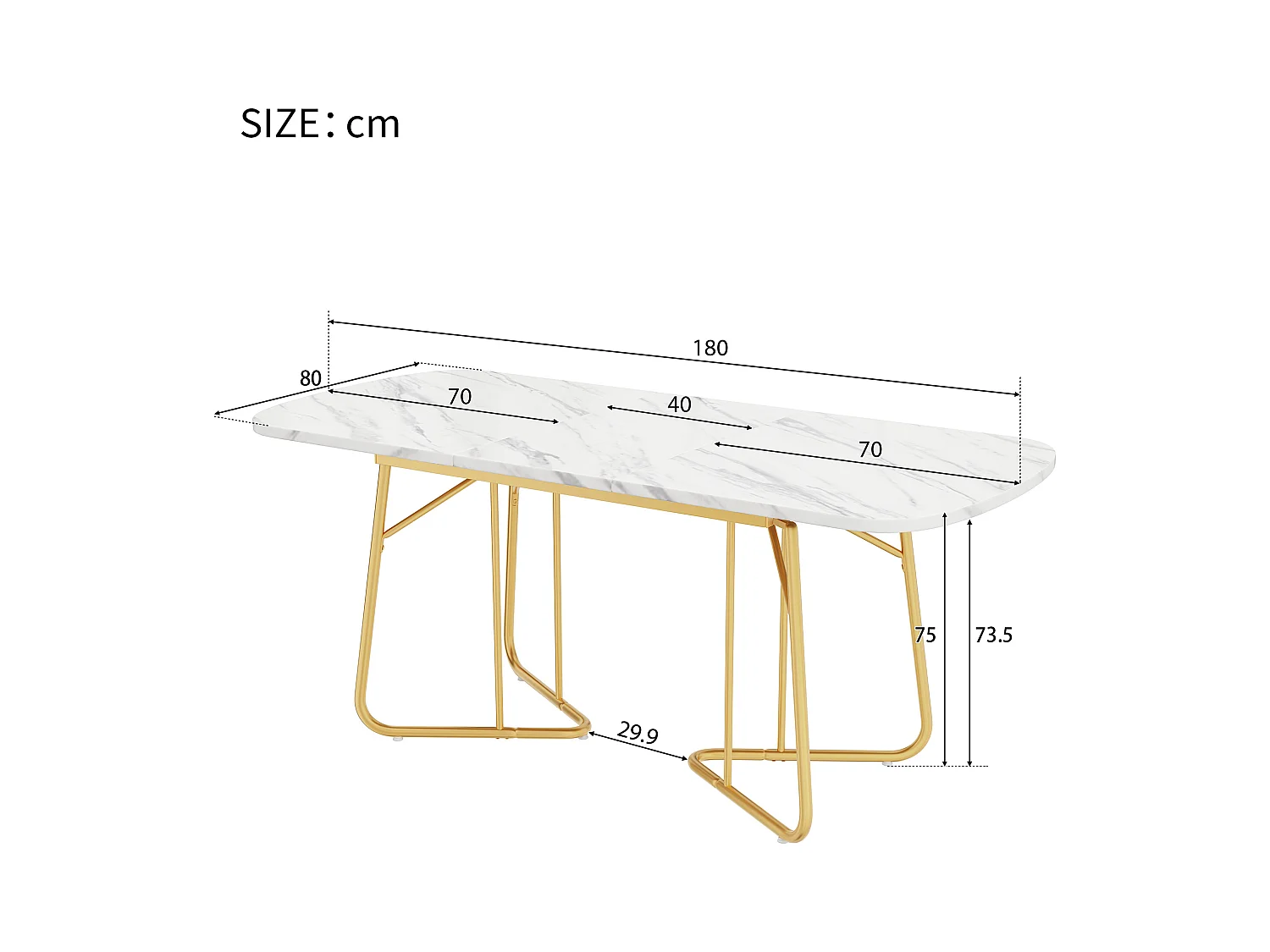Table à manger extensible 140-180x80cm Marble Effect Metal Or Blanc Pour 4-6 Personnes