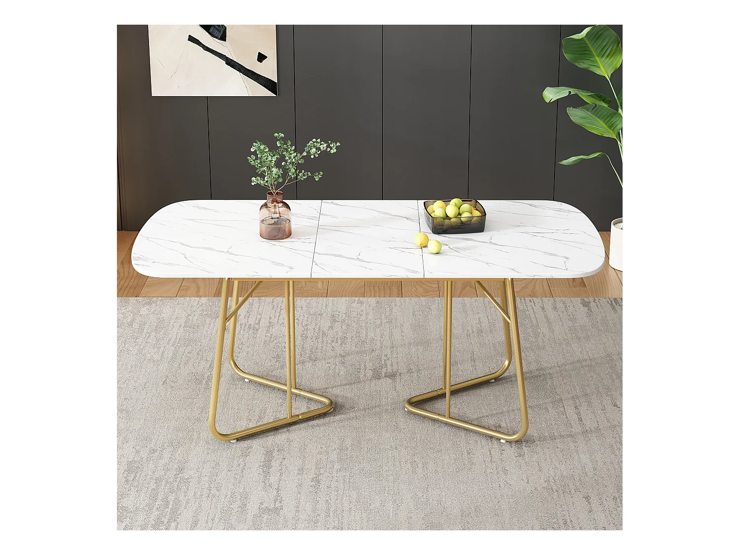 Table à manger extensible 140-180x80cm Marble Effect Metal Or Blanc Pour 4-6 Personnes