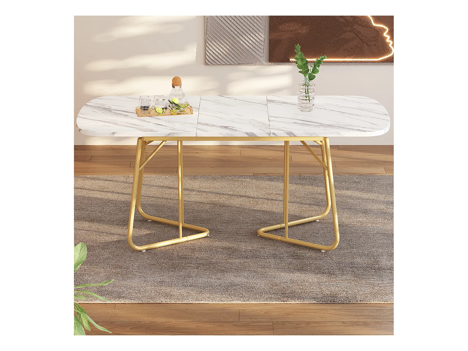 Table à manger extensible 140-180x80cm Marble Effect Metal Or Blanc Pour 4-6 Personnes