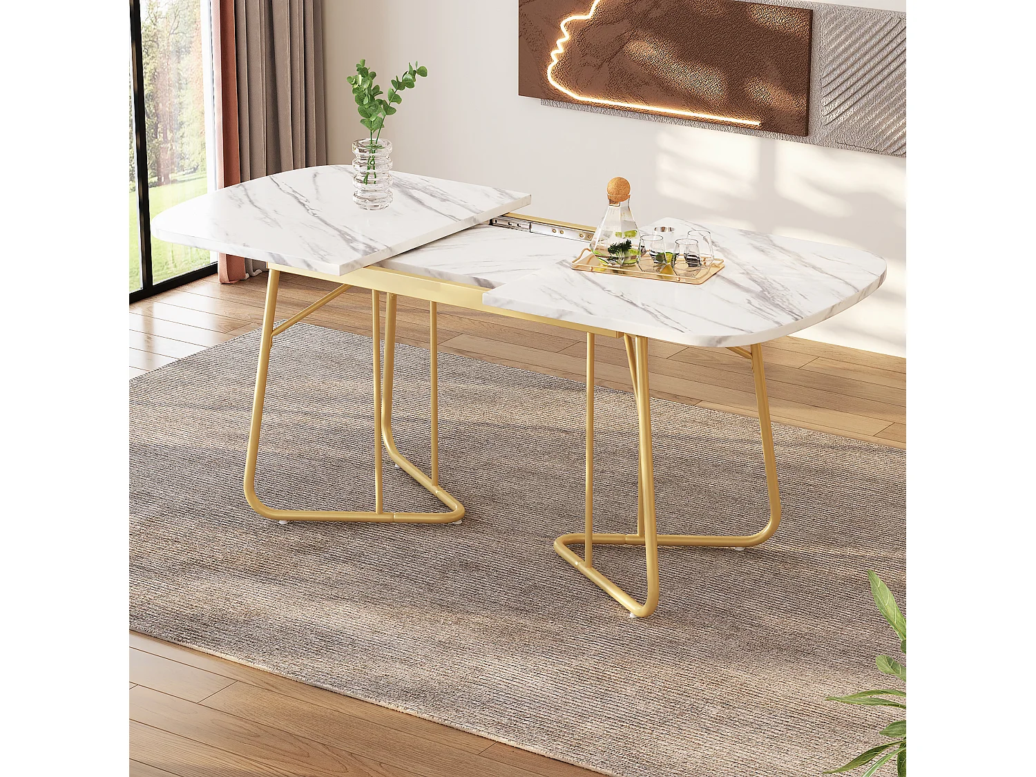 Table à manger extensible 140-180x80cm Marble Effect Metal Or Blanc Pour 4-6 Personnes