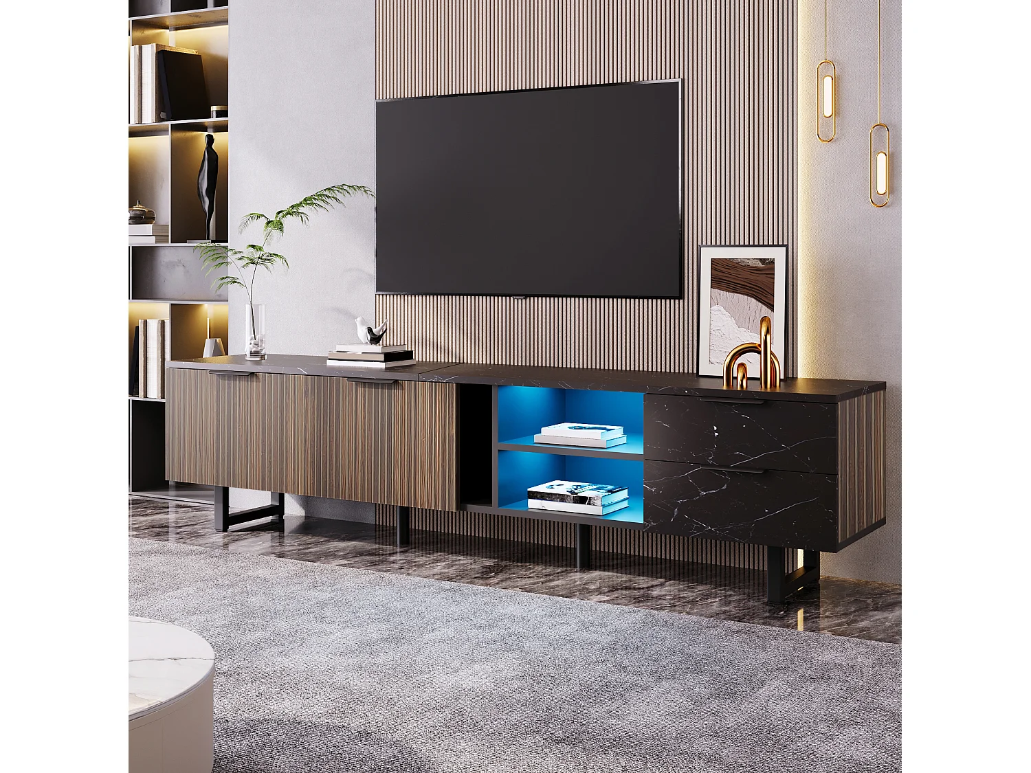TV-meubel 200x38x50 cm met twee lades en planken Zwart MDF-materiaal en natuurlijke kleuren voor de woonkamer