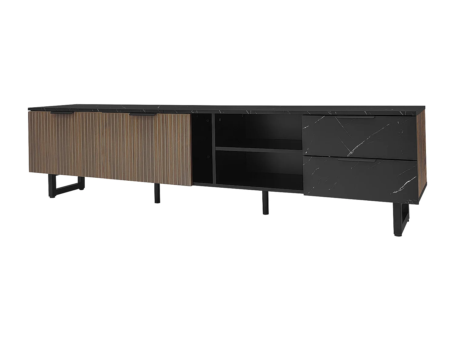 TV-meubel 200x38x50 cm met twee lades en planken Zwart MDF-materiaal en natuurlijke kleuren voor de woonkamer