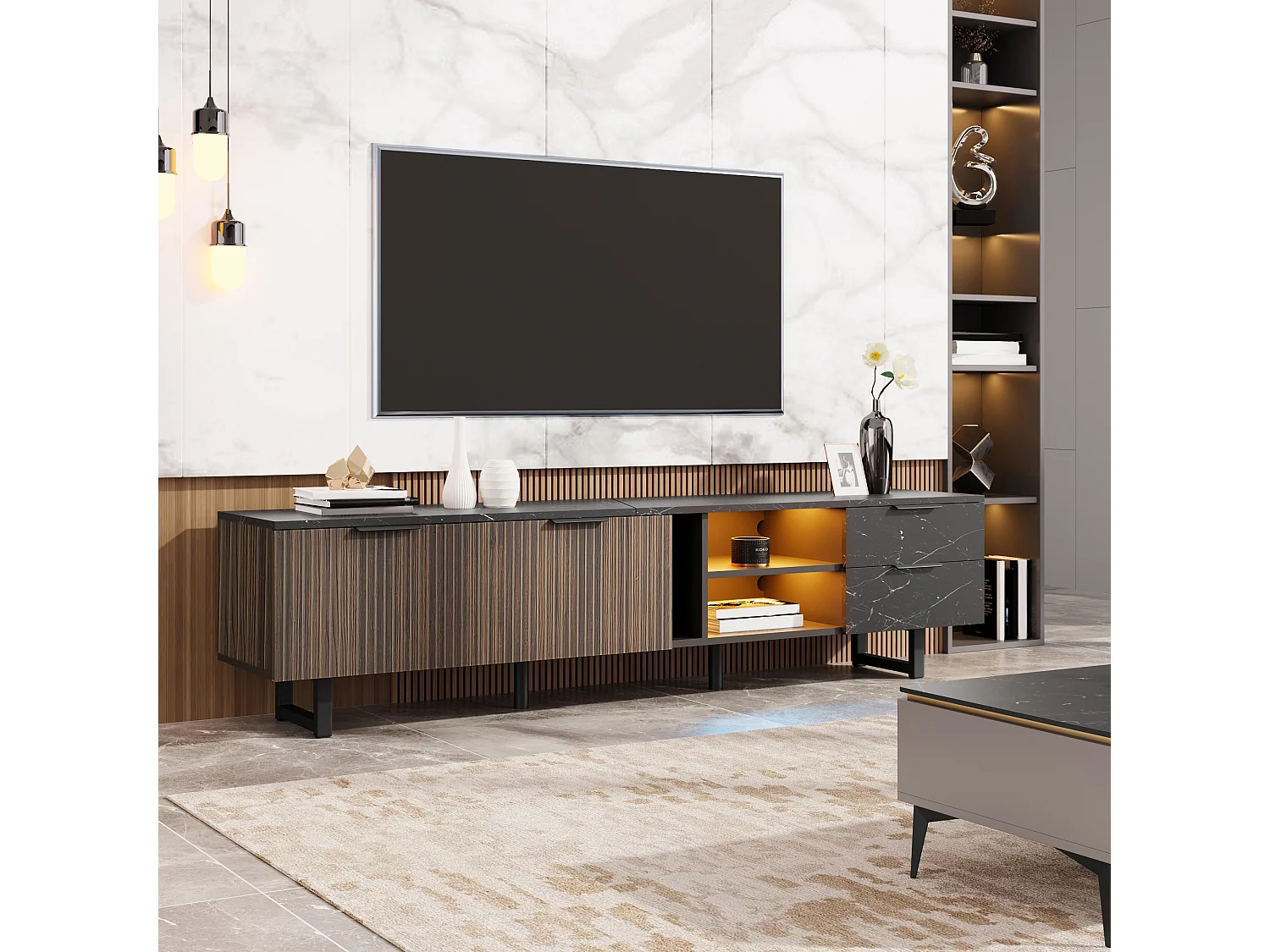 Meuble TV 200x38x50 cm, éclairage LED multicolore, 2 portes, 2 tiroirs, MDF, noir et bois