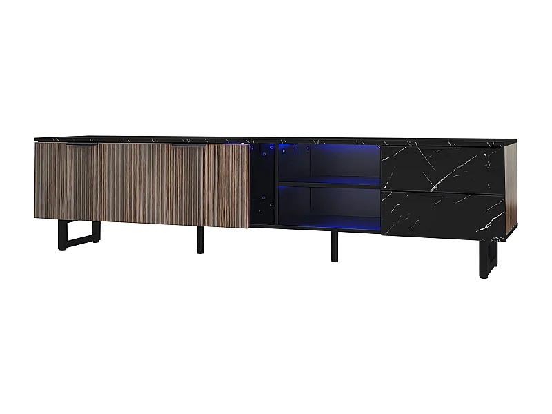 Meuble TV 200x38x50 cm, éclairage LED multicolore, 2 portes, 2 tiroirs, MDF, noir et bois