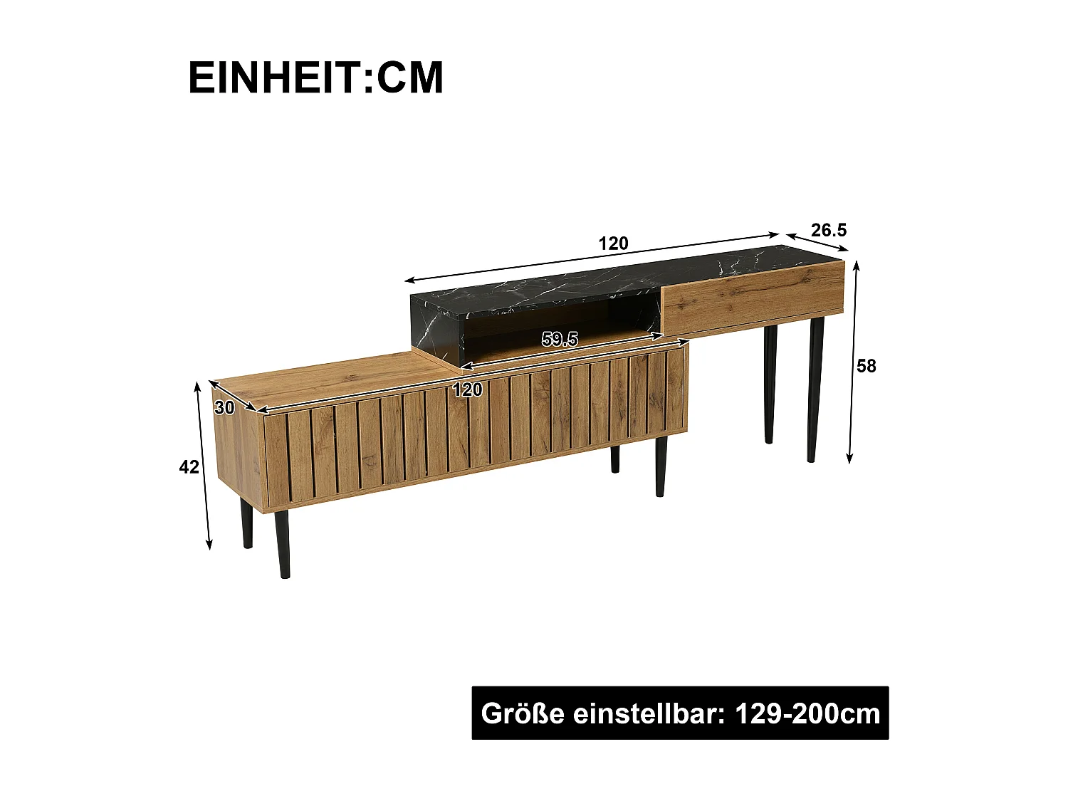Meuble TV 180.5x30x58cm Pieds en fer Espace de rangement Matériel MDF Couleur naturelle pour salon
