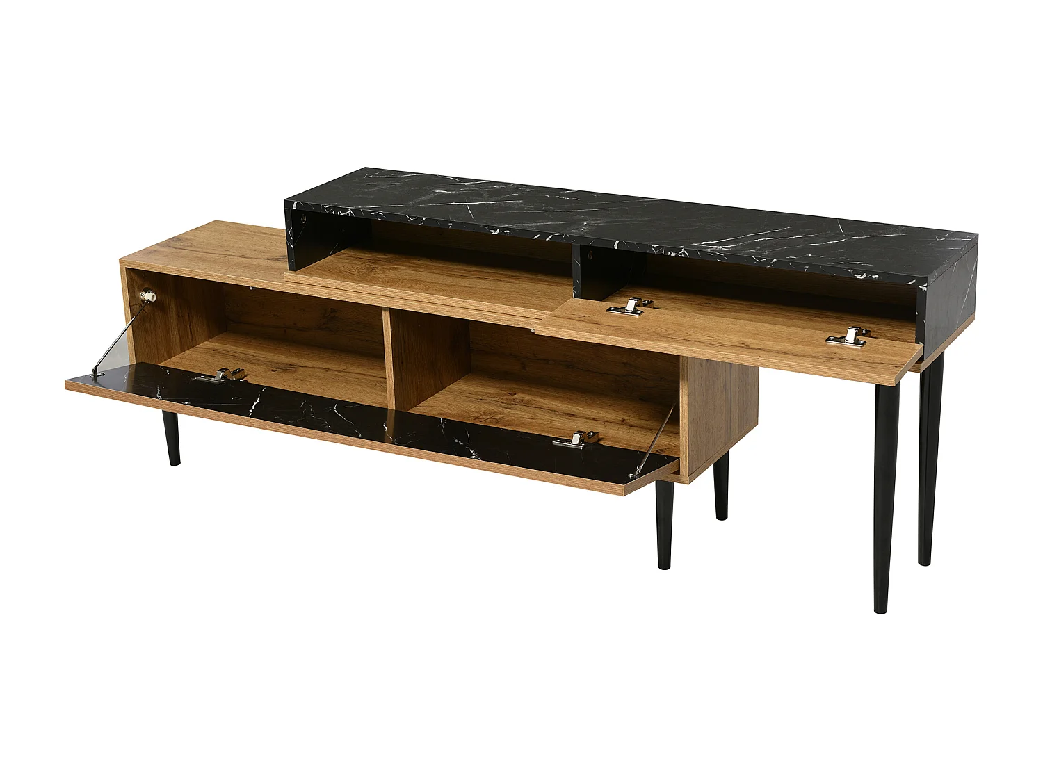 Meuble TV 180.5x30x58cm Pieds en fer Espace de rangement Matériel MDF Couleur naturelle pour salon