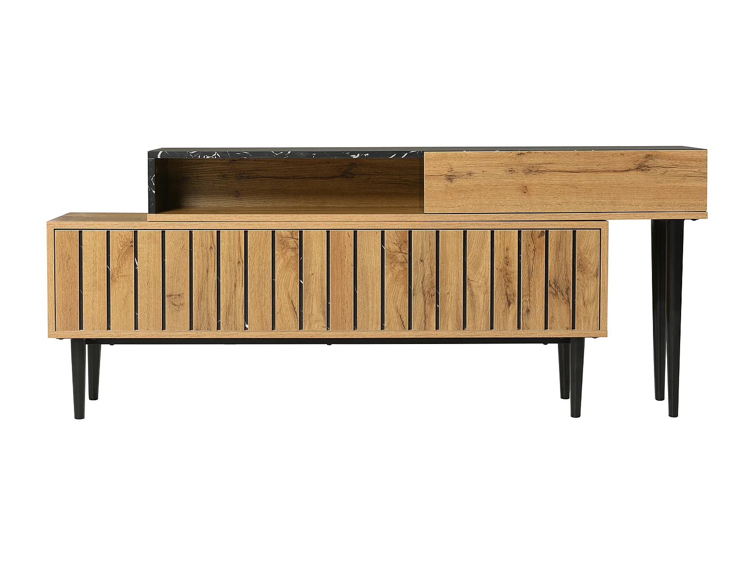 Meuble TV 180.5x30x58cm Pieds en fer Espace de rangement Matériel MDF Couleur naturelle pour salon