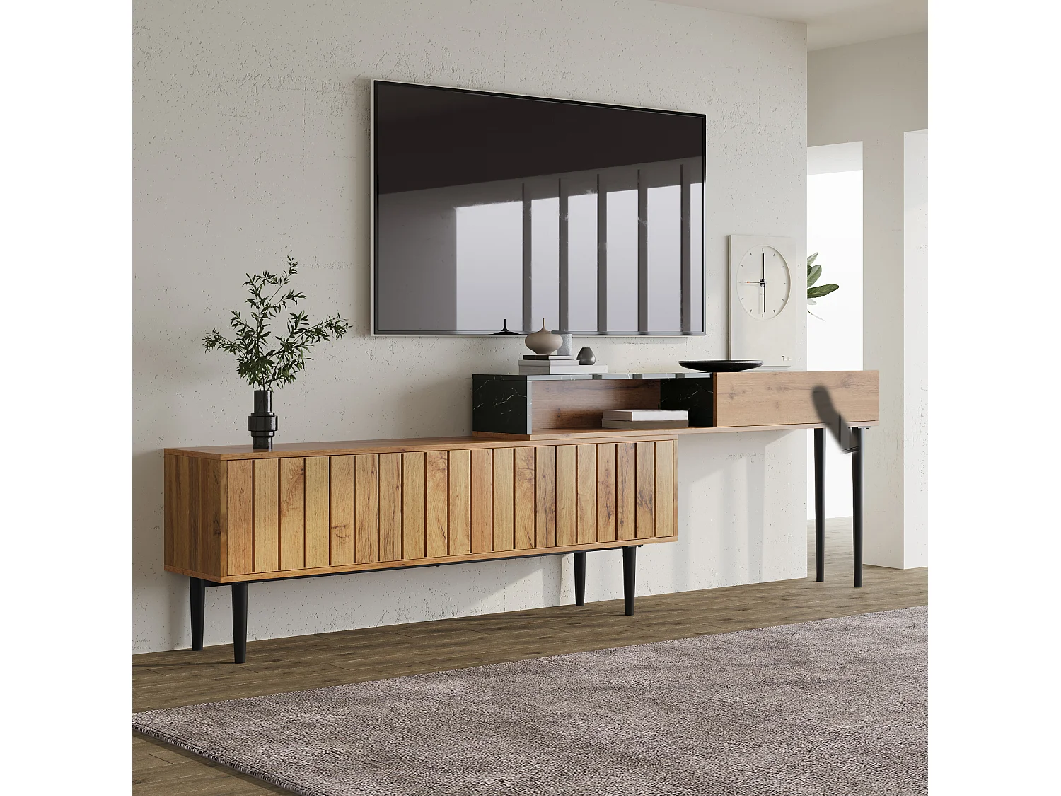 Meuble TV 180.5x30x58cm Pieds en fer Espace de rangement Matériel MDF Couleur naturelle pour salon
