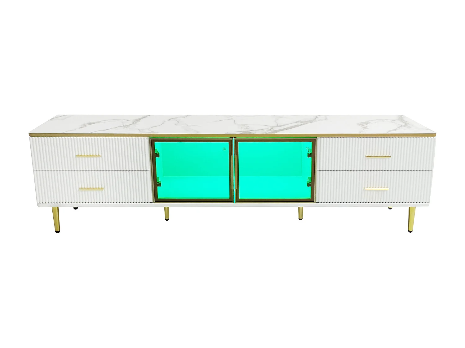 TV kast 170x37x47.5cm met vier laden twee deuren dimmbare LED verlichting en gouden handgrepen brengen Materiaal Spaanplaat en Wit