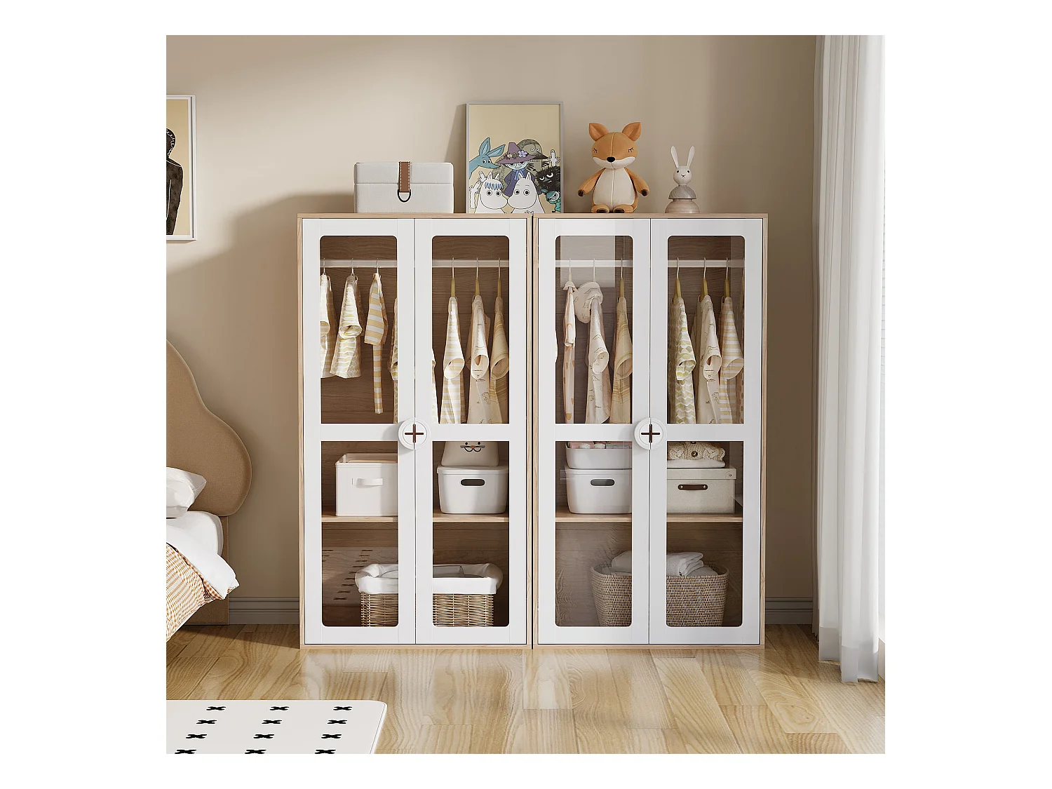 Lot de 2 armoires enfant, 2 portes vitrées et portant à vêtements,  panneaux de particules , blanc + naturel.