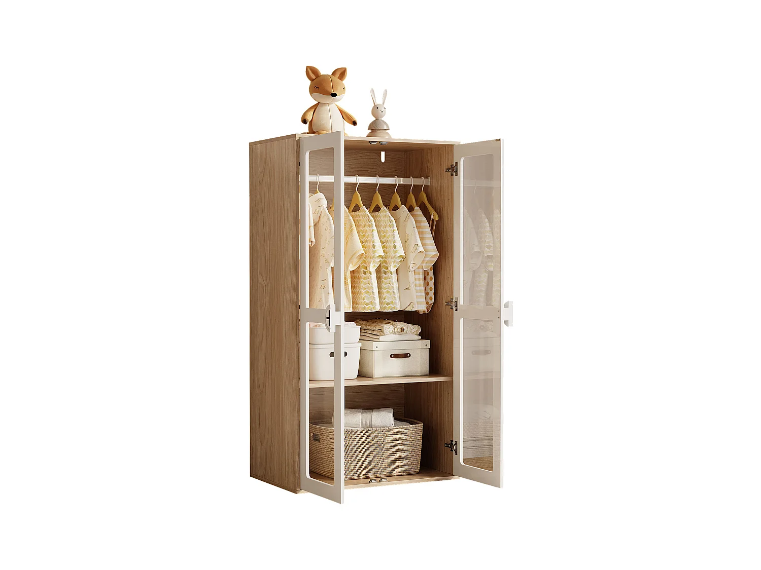 Lot de 2 armoires enfant, 2 portes vitrées et portant à vêtements,  panneaux de particules , blanc + naturel.