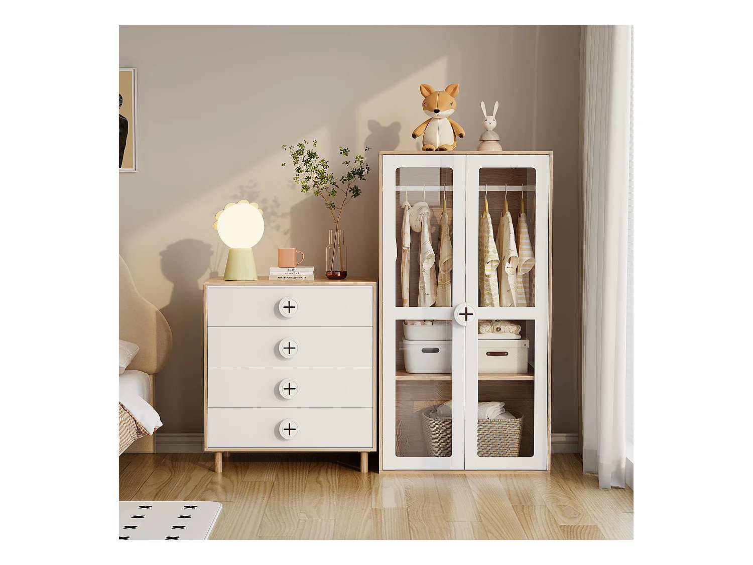 Lot de 2 armoires enfant, 2 portes vitrées et portant à vêtements,  panneaux de particules , blanc + naturel.