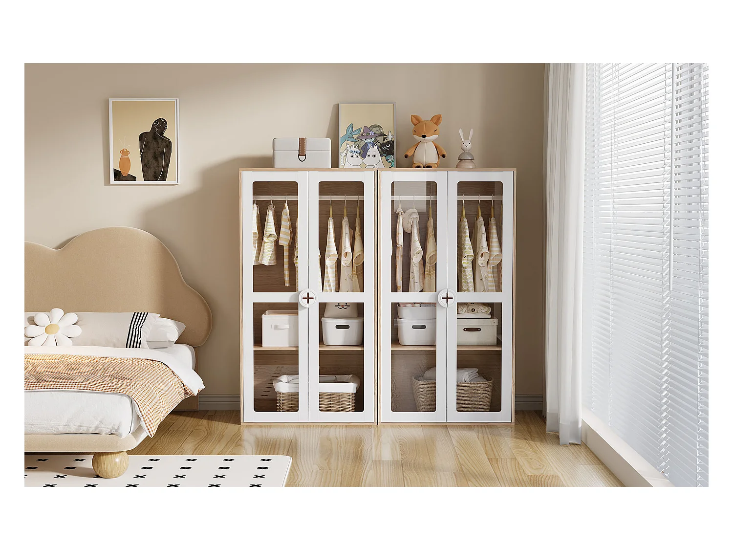 Lot de 2 armoires enfant, 2 portes vitrées et portant à vêtements,  panneaux de particules , blanc + naturel.