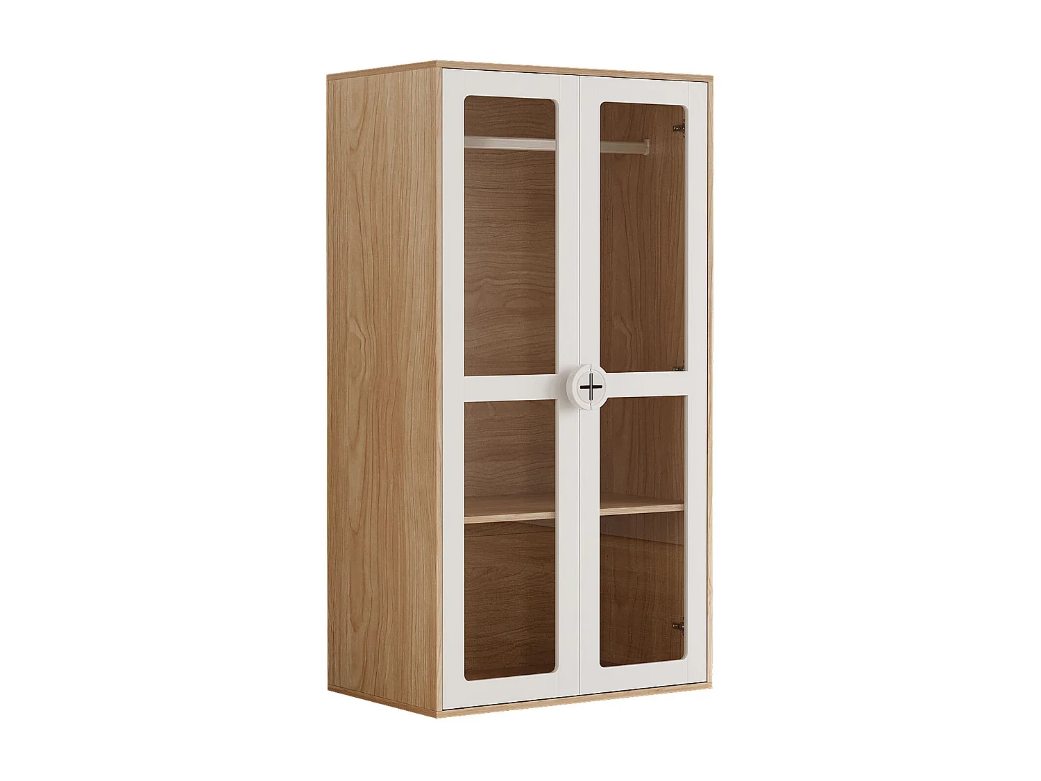 Lot de 2 armoires enfant, 2 portes vitrées et portant à vêtements,  panneaux de particules , blanc + naturel.