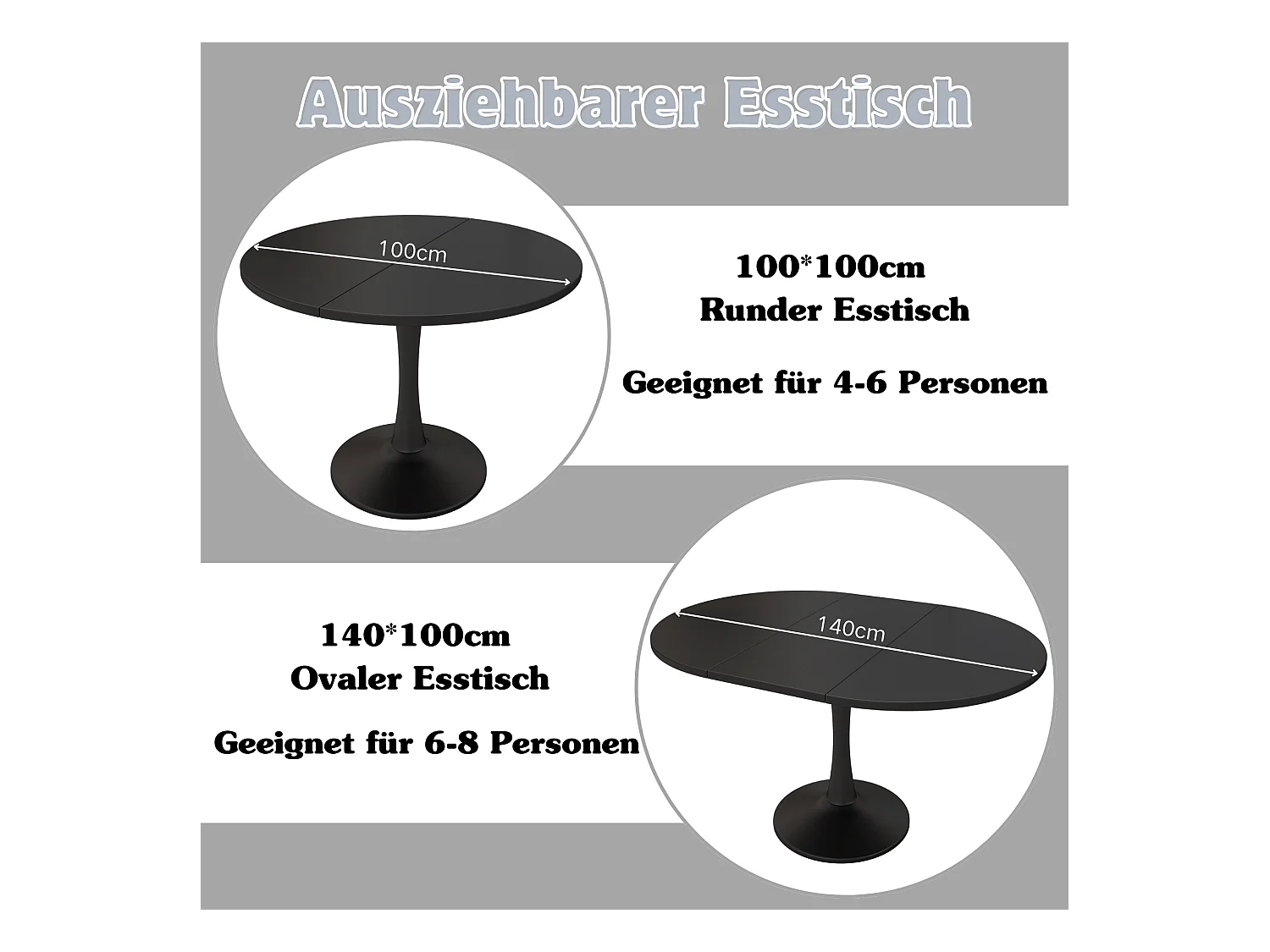 Uitschuifbare eettafel 100-140x100x75cm ovaal zwart voor woonkamer