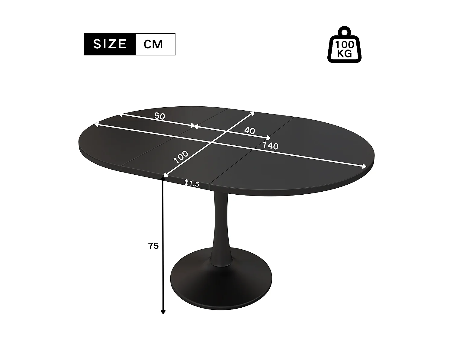 Uitschuifbare eettafel 100-140x100x75cm ovaal zwart voor woonkamer