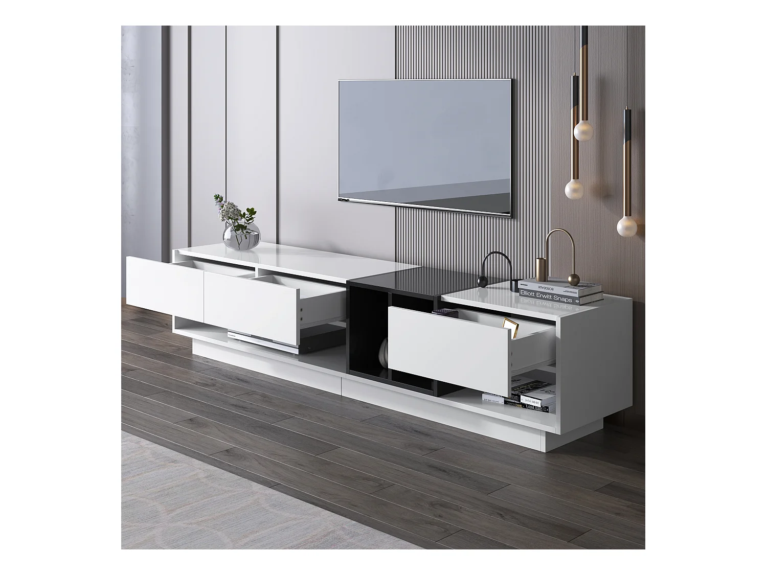 TV kast 190x40x42cm met drie laden en twee open compartimenten brengen Materiaal Spaanplaat en Wit