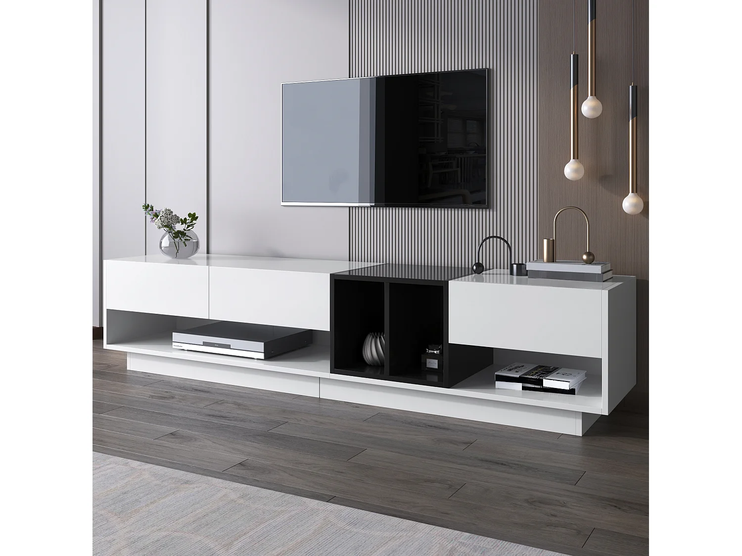 Meuble TV 190x40x42 cm, 3 tiroirs et 2 niches ouvertes, finition brillante, panneaux de particules, blanc et noir