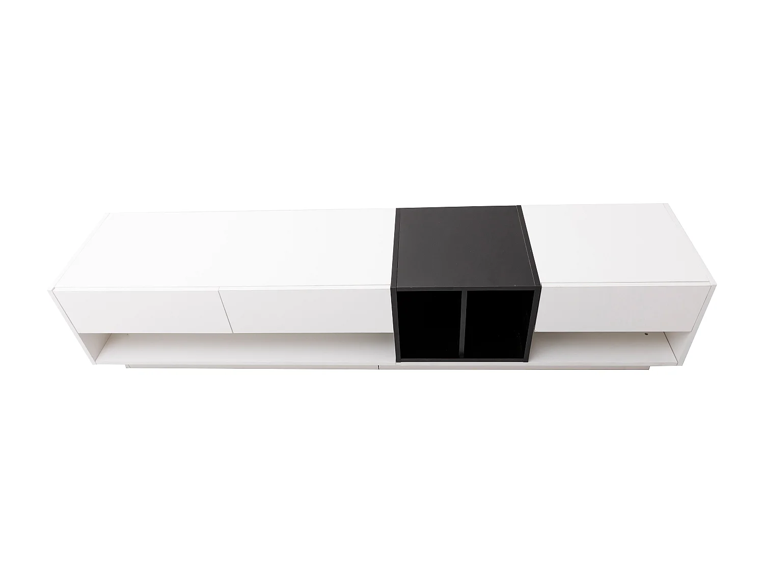 Meuble TV 190x40x42 cm, 3 tiroirs et 2 niches ouvertes, finition brillante, panneaux de particules, blanc et noir