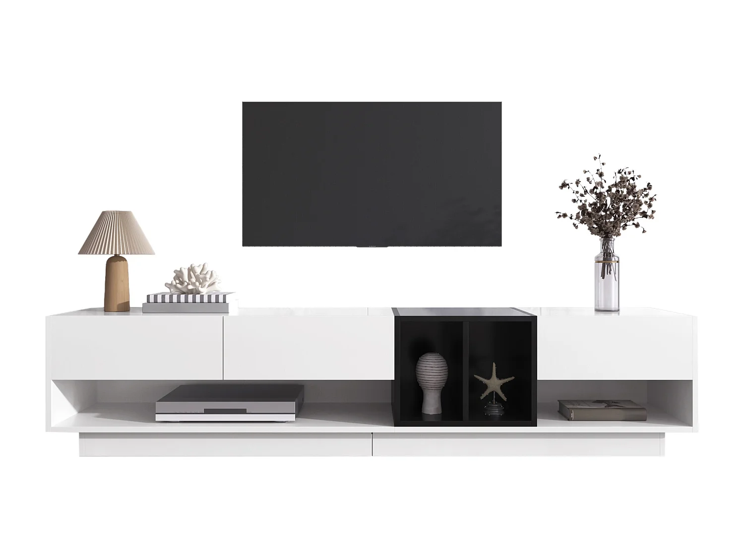Meuble TV 190x40x42 cm, 3 tiroirs et 2 niches ouvertes, finition brillante, panneaux de particules, blanc et noir