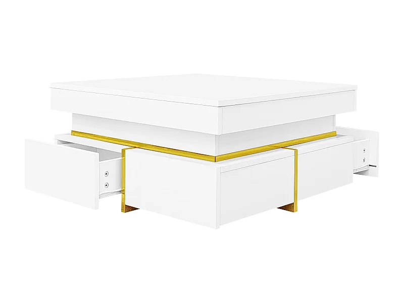 Table basse 70x70x35.5 cm, 2 tiroirs de rangement, finition brillante, panneaux de particules, blanc
