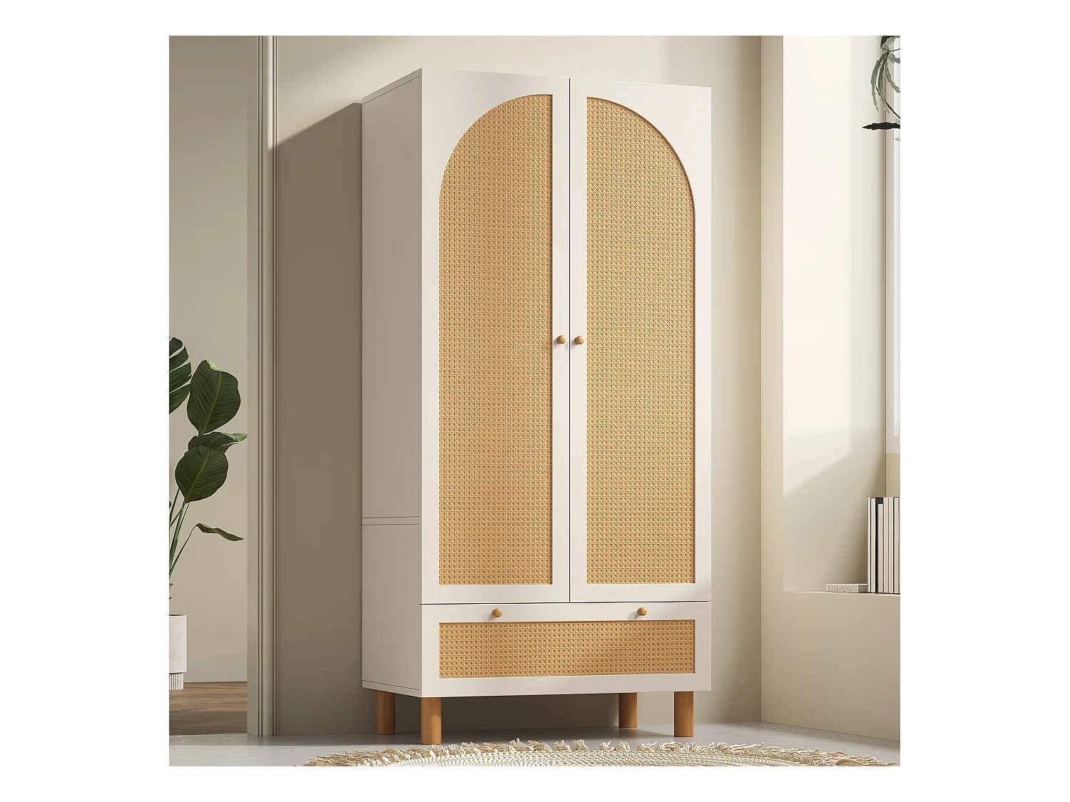 Armoire avec 2 portes en rotin et tiroir, blanche et naturelle, MDF +pin