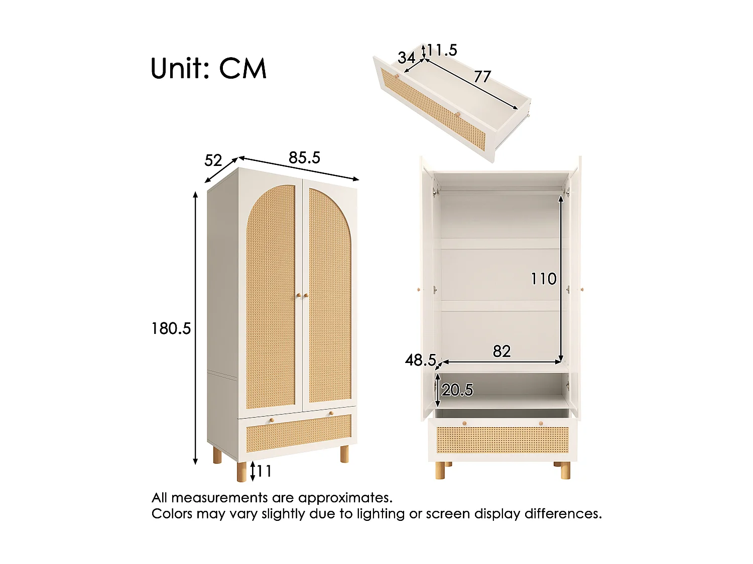 Armoire avec 2 portes en rotin et tiroir, blanche et naturelle, MDF +pin