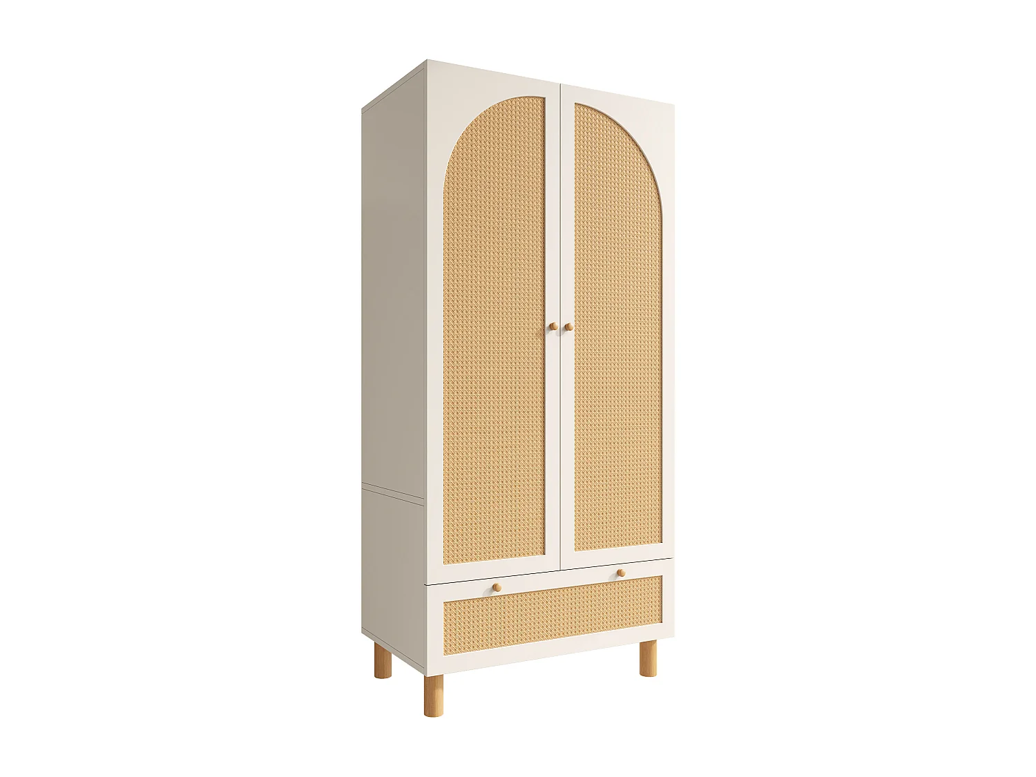 Armoire avec 2 portes en rotin et tiroir, blanche et naturelle, MDF +pin