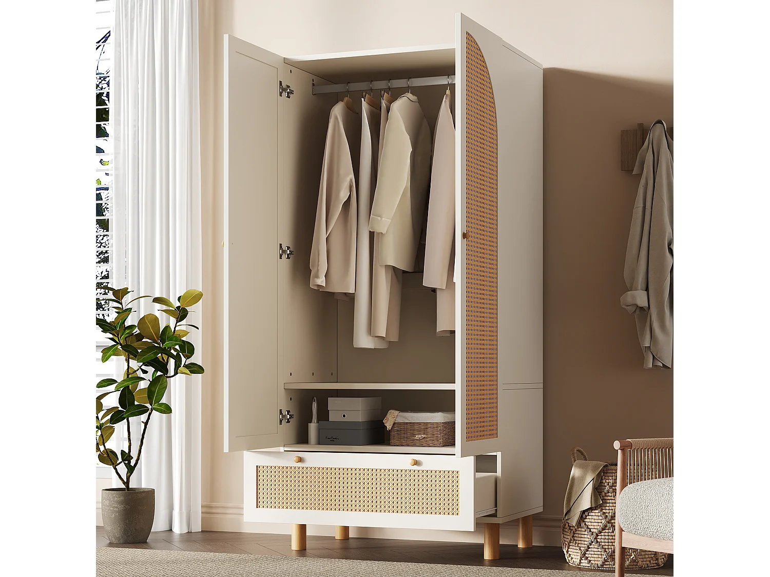 Armoire avec 2 portes en rotin et tiroir, blanche et naturelle, MDF +pin