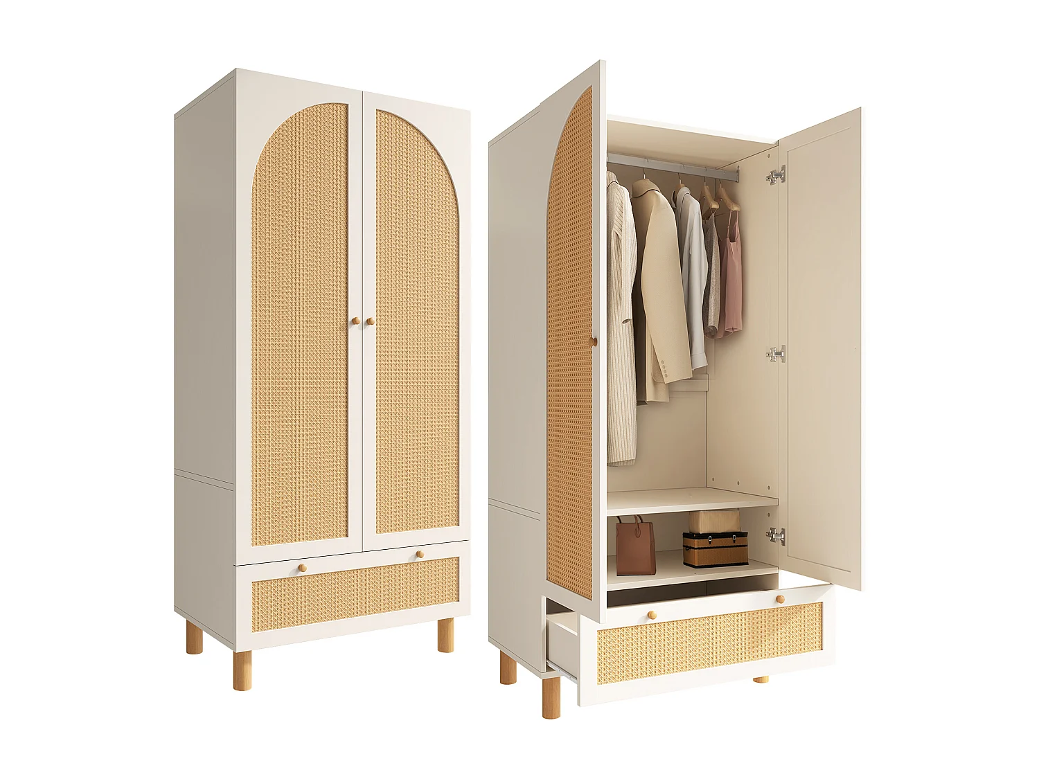 Armoire avec 2 portes en rotin et tiroir, blanche et naturelle, MDF +pin