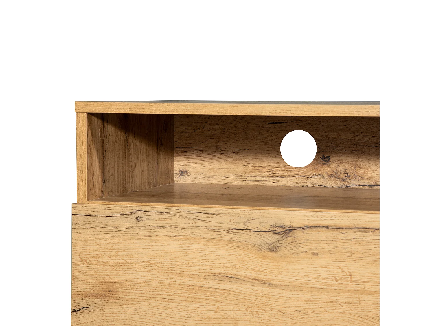 Meuble TV 180x38x50cm 2 Compartiments de Rangement Pieds Métal Porte Matériel MDF Couleur naturelle et noir