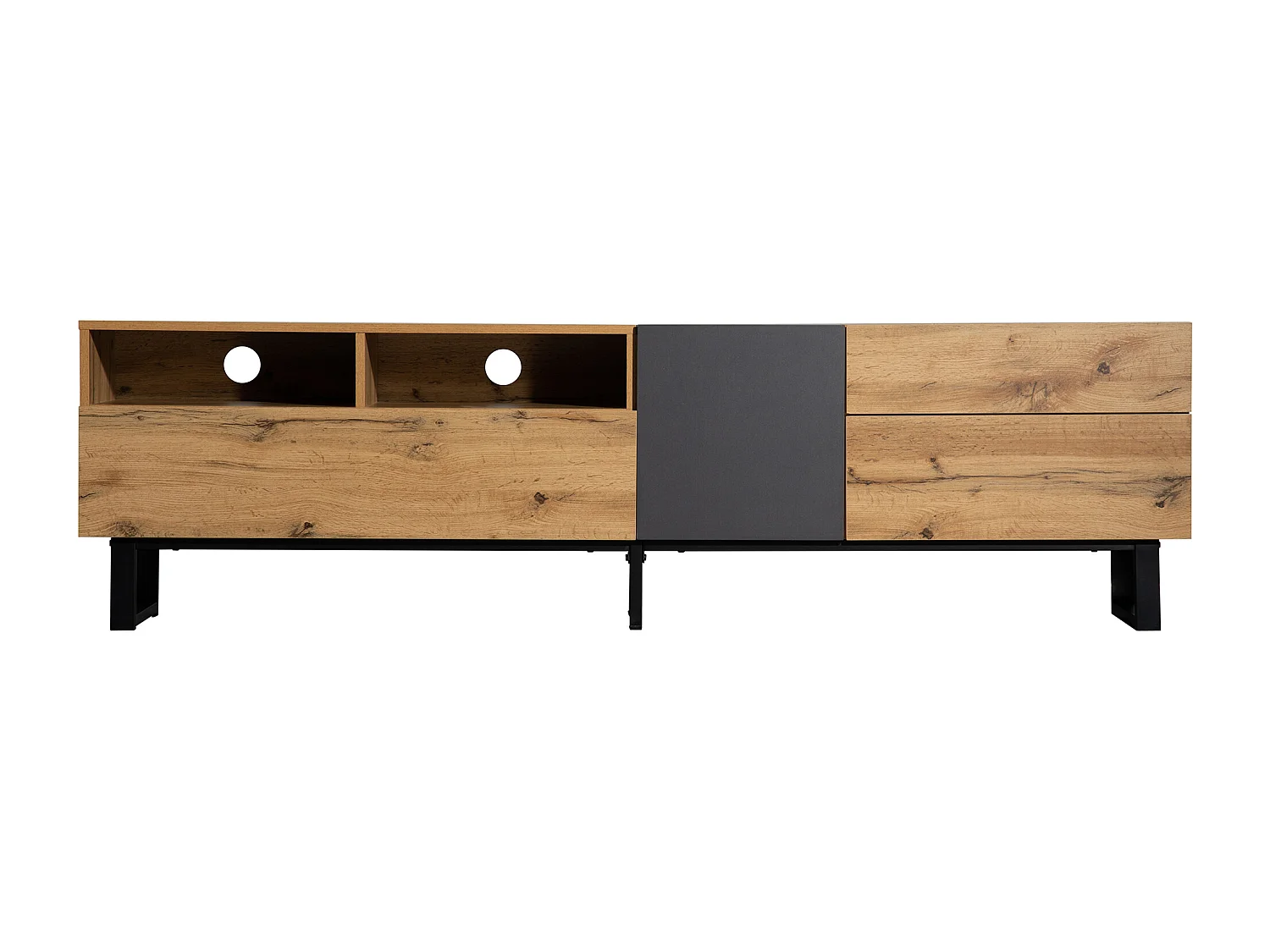 Meuble TV 180x38x50 cm, grand espace de rangement, ouverture push to open, MDF, noir et noir gris