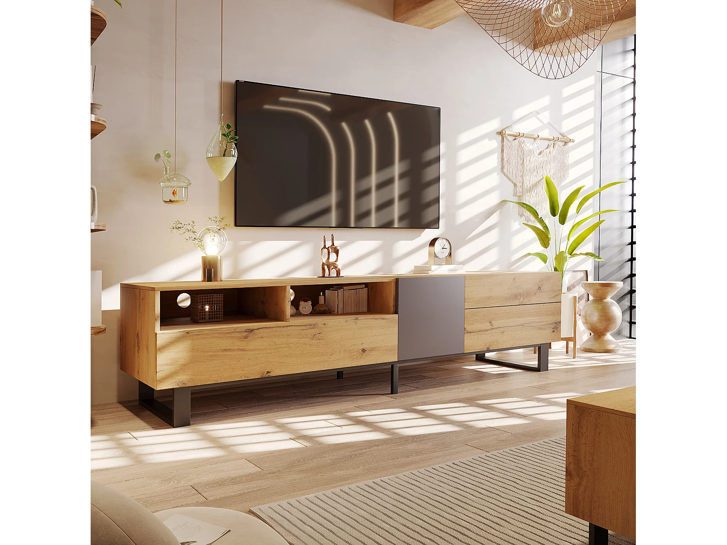 Meuble TV 180x38x50 cm, grand espace de rangement, ouverture push to open, MDF, noir et noir gris