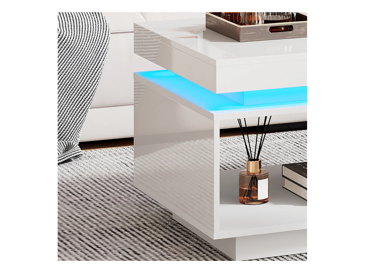 Table basse 100x50x40.3 cm moderne laqué brillant avec LED et tiroir Blanc pour salon