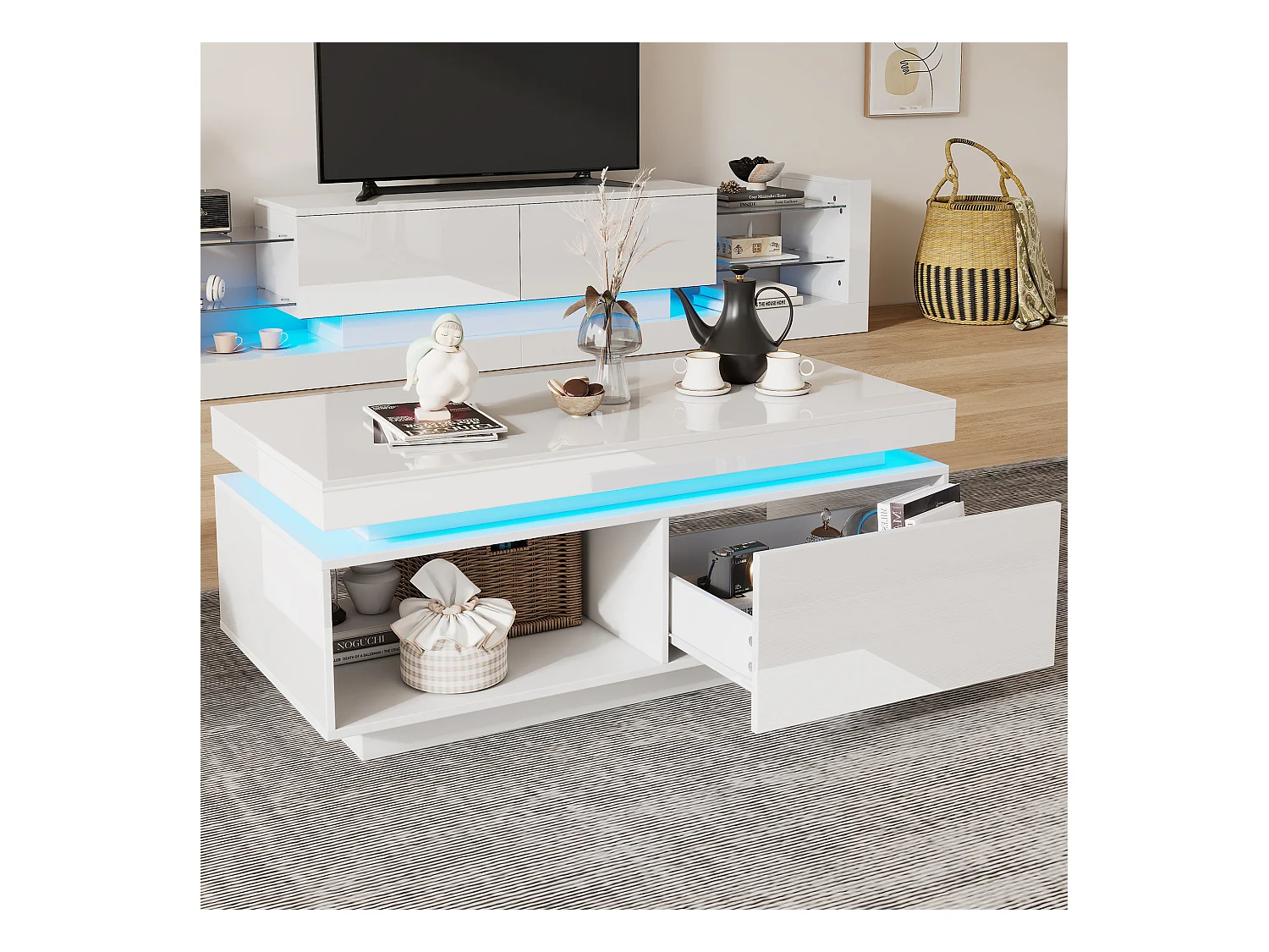 Table basse 100x50x40.3 cm moderne laqué brillant avec LED et tiroir Blanc pour salon