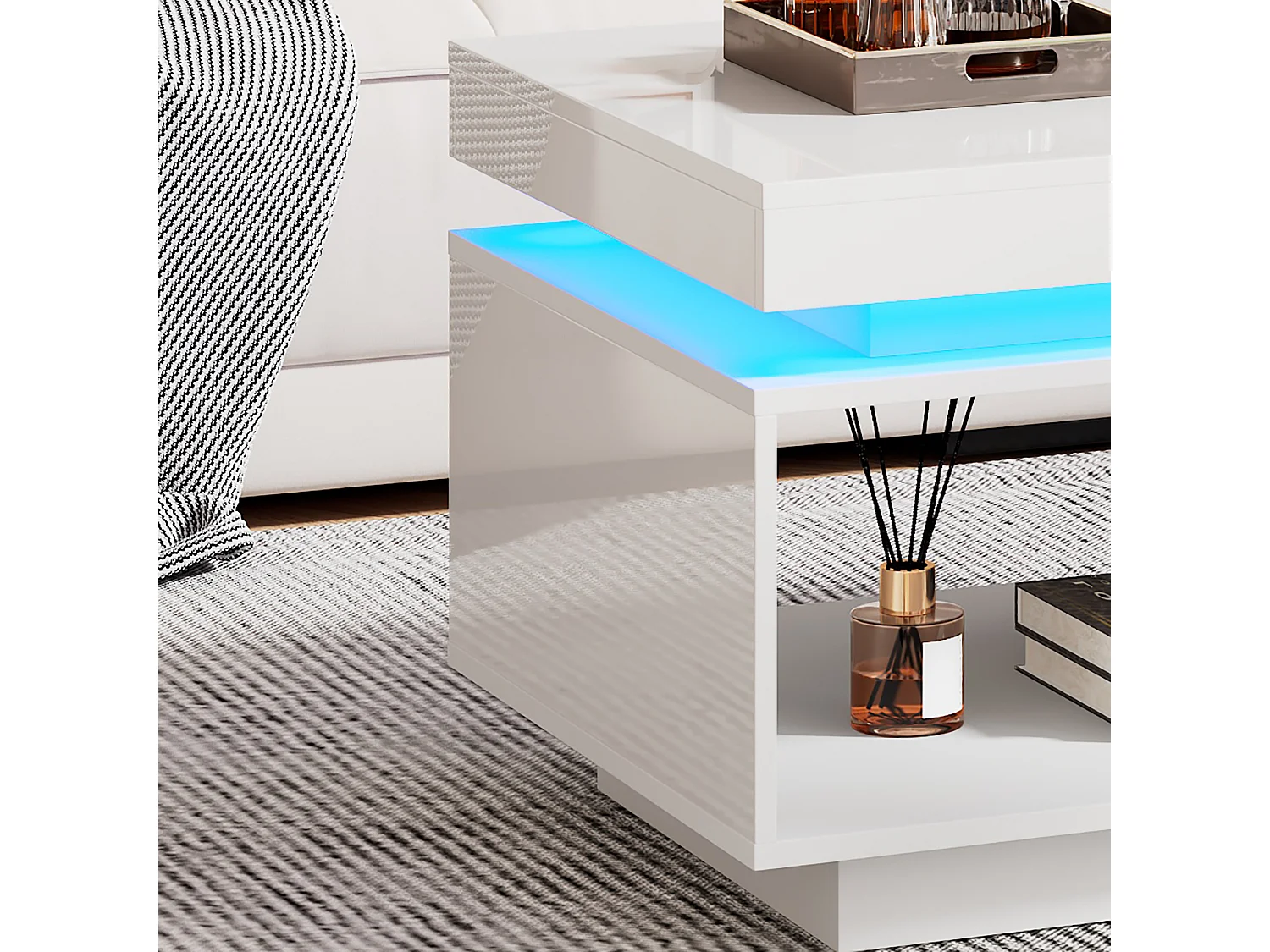 Table basse 100x50x40.3 cm moderne laqué brillant avec LED et tiroir Blanc pour salon