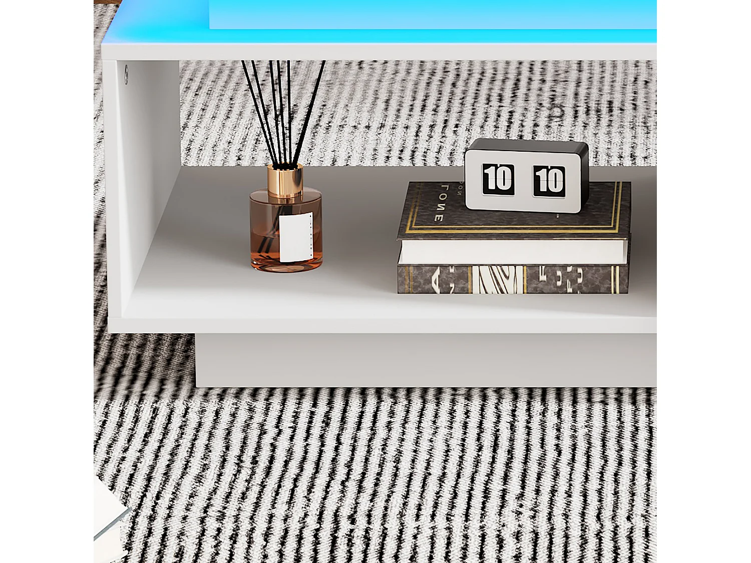 Table basse 100x50x40.3 cm moderne laqué brillant avec LED et tiroir Blanc pour salon