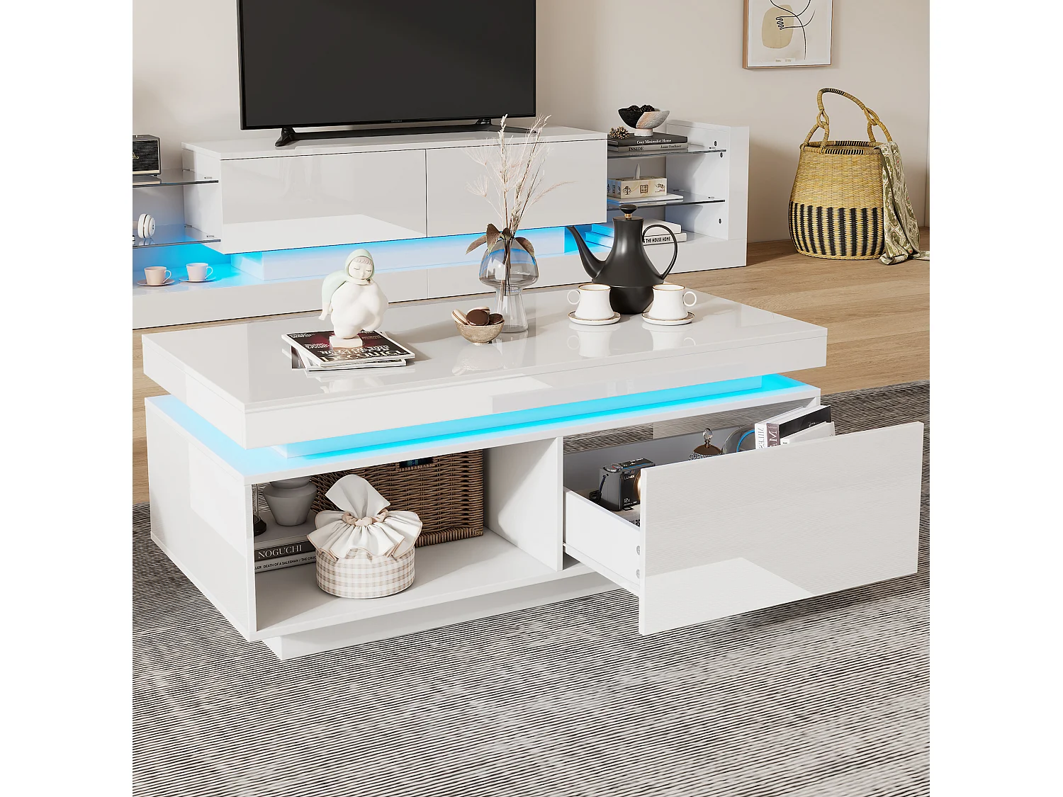 Table basse 100x50x40.3 cm moderne laqué brillant avec LED et tiroir Blanc pour salon