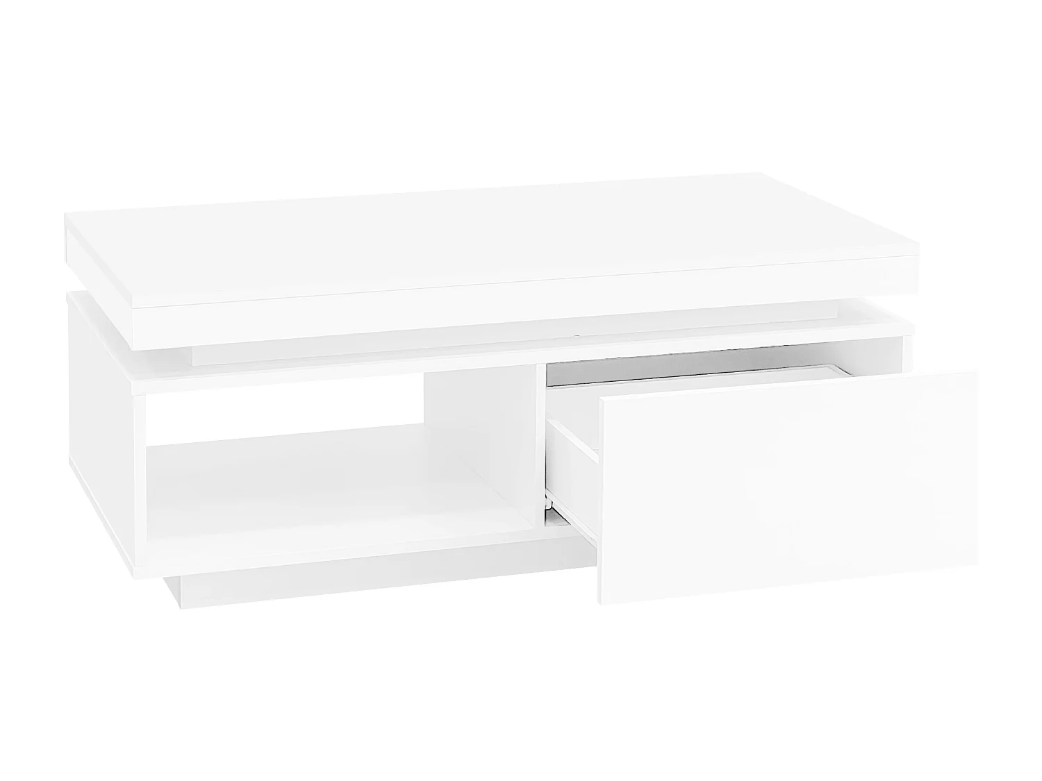 Table basse 100x50x40.3 cm, éclairage LED, 1 tiroir de rangement, finition haute brillance, panneau de particules, blanc