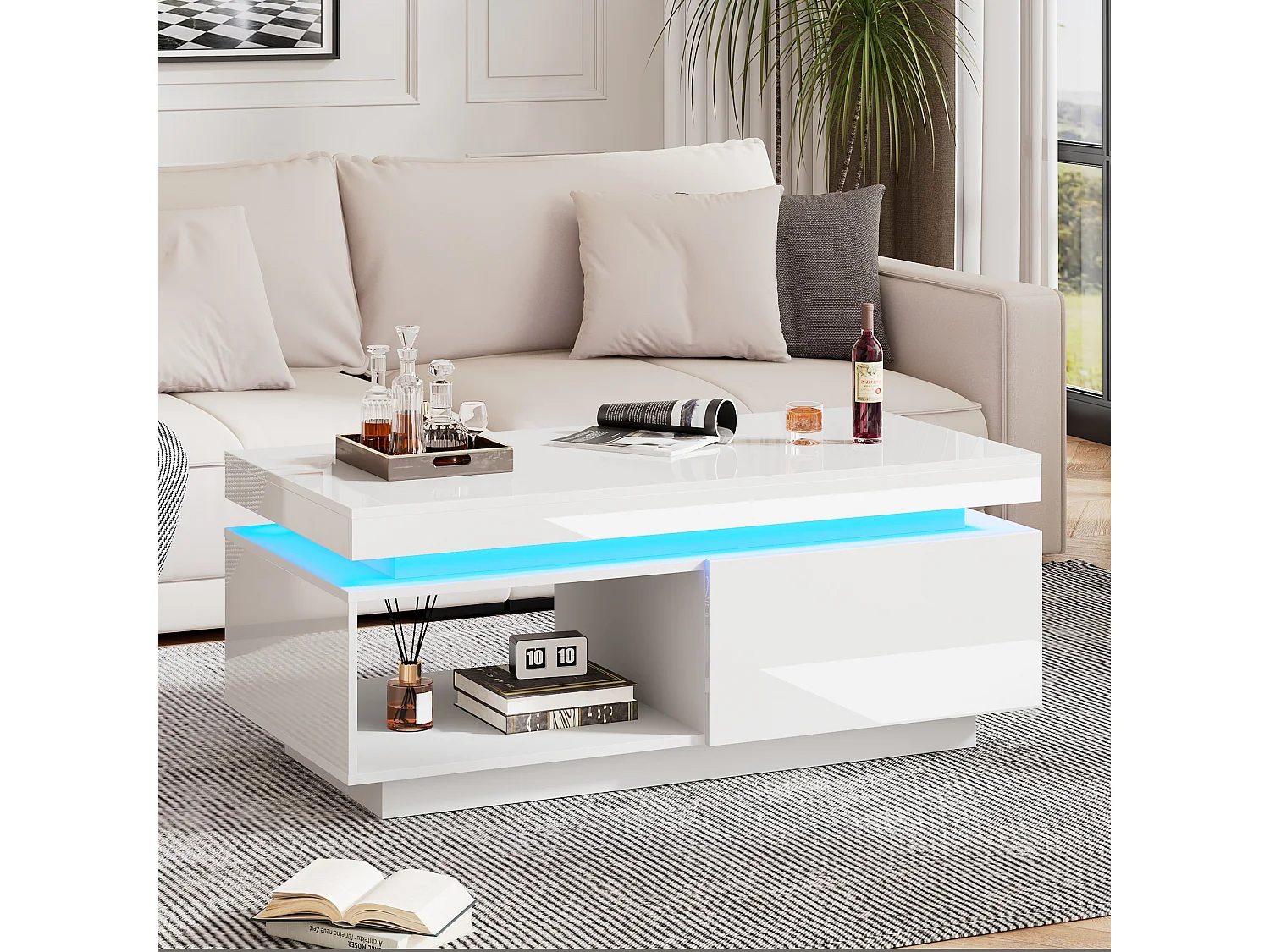Table basse 100x50x40.3 cm, éclairage LED, 1 tiroir de rangement, finition haute brillance, panneau de particules, blanc