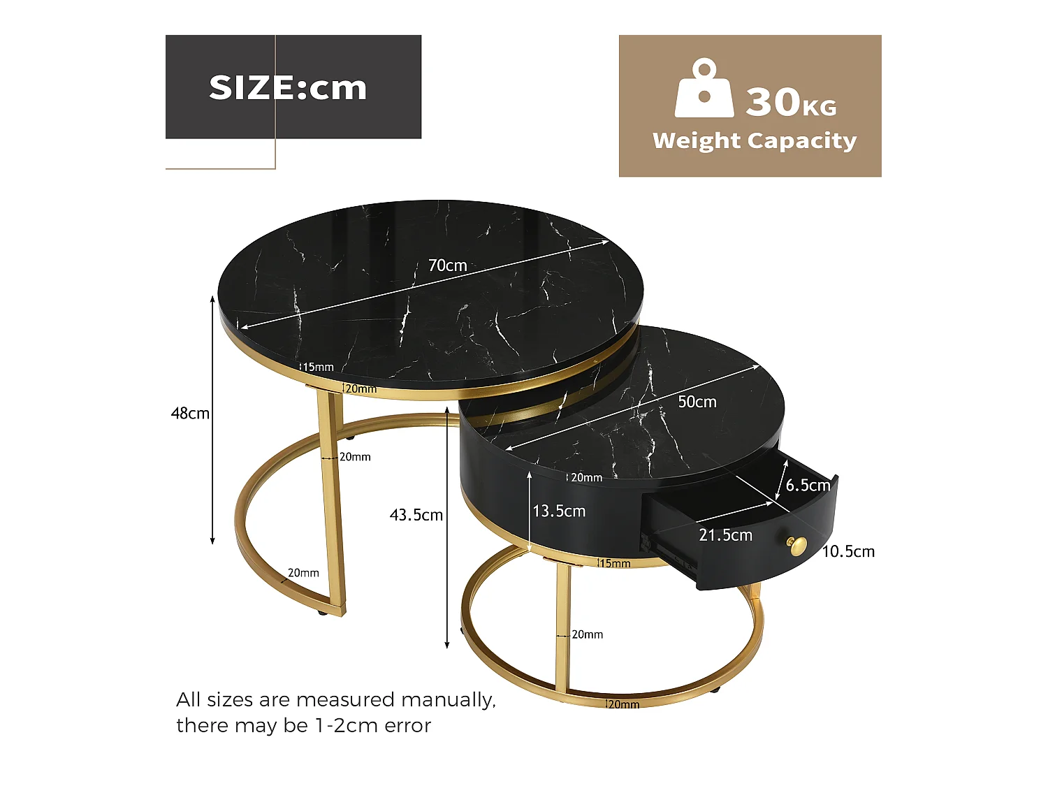 Set van 2 ronde salontafels met glanzend marmereffect moderne woonkamer Zwart