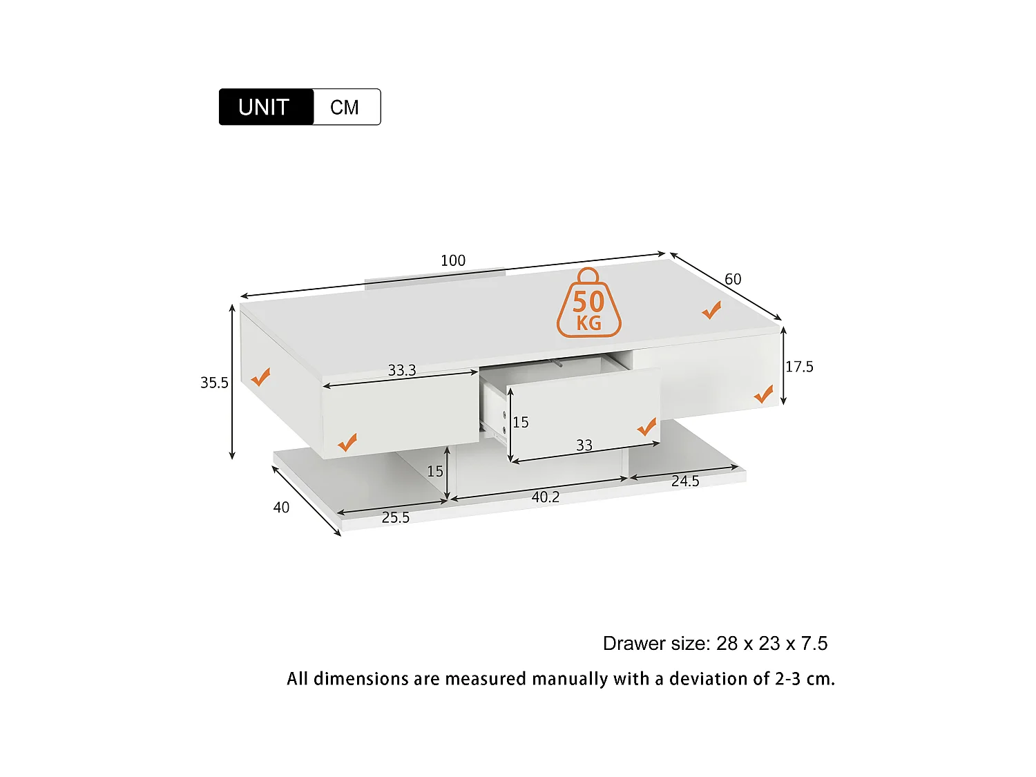Moderne salontafel met 2 lades glanzend witte afwerking woonkamer kantoor